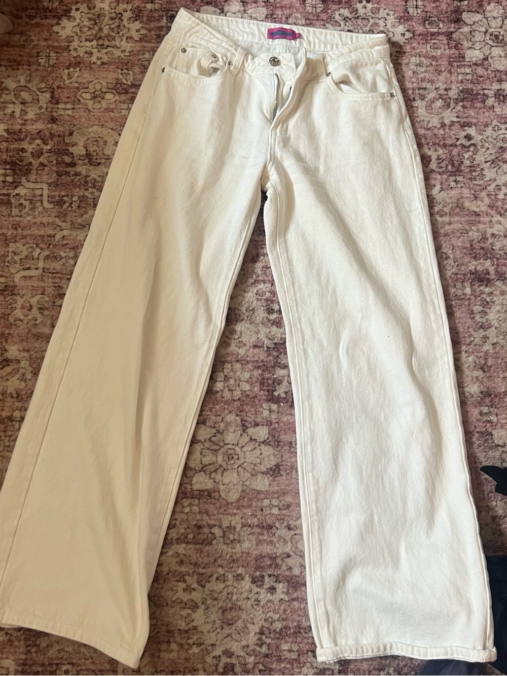 Edikted Low Rise Cream Wide-Leg Flare Jeans